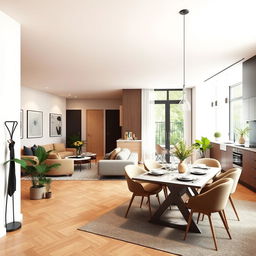 An interior design concept featuring a seamless flow between a living room, dining room, and kitchen in a modern apartment