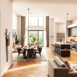 An interior design concept featuring a seamless flow between a living room, dining room, and kitchen in a modern apartment