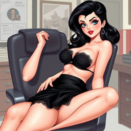 A classic pin-up illustration featuring a sexy, beautiful, and curvy 18-year-old woman with pale skin and thick black hair styled in an iconic fashion