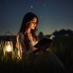 A serene and contemplative scene featuring a woman in a field at night, surrounded by gently swaying grass under a starlit sky