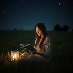 A serene and contemplative scene featuring a woman in a field at night, surrounded by gently swaying grass under a starlit sky