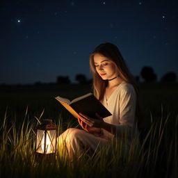 A serene and contemplative scene featuring a woman in a field at night, surrounded by gently swaying grass under a starlit sky