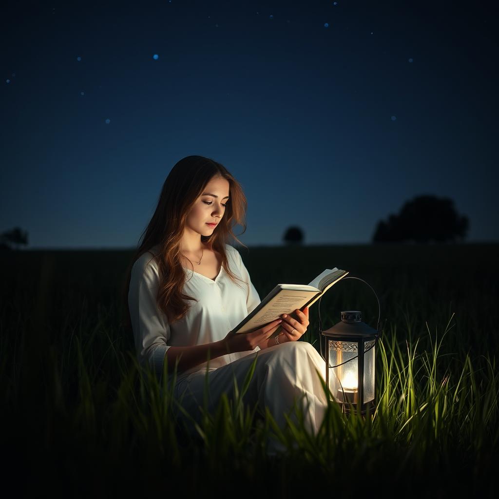 A serene and contemplative scene featuring a woman in a field at night, surrounded by gently swaying grass under a starlit sky