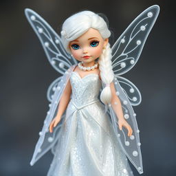 A fairy girl wearing a shimmering silver gown adorned with pearls, complemented by a sparkling snow-white cloak embellished with snow crystals