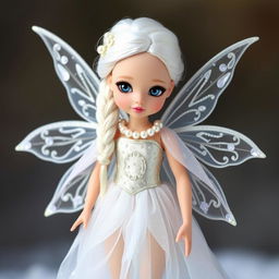 A fairy girl wearing a shimmering silver gown adorned with pearls, complemented by a sparkling snow-white cloak embellished with snow crystals