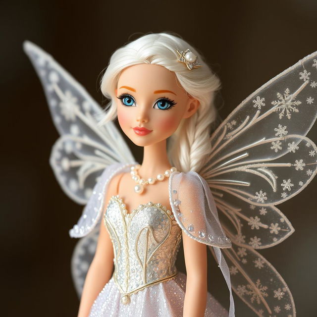 A fairy girl wearing a shimmering silver gown adorned with pearls, complemented by a sparkling snow-white cloak embellished with snow crystals