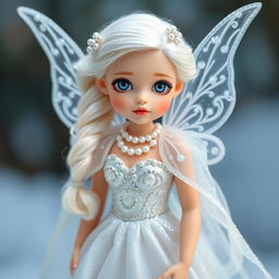 A fairy girl wearing a shimmering silver gown adorned with pearls, complemented by a sparkling snow-white cloak embellished with snow crystals