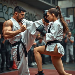 A dynamic scene capturing two individuals engaged in a fierce yet respectful combat