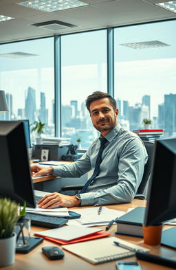 A scene depicting a regular 9-5 worker in a bustling office environment, radiating confidence and professionalism