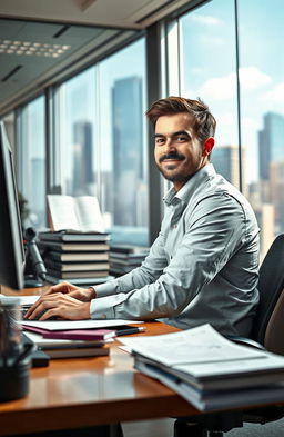 A scene depicting a regular 9-5 worker in a bustling office environment, radiating confidence and professionalism