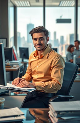 A scene depicting a regular 9-5 worker in a bustling office environment, radiating confidence and professionalism