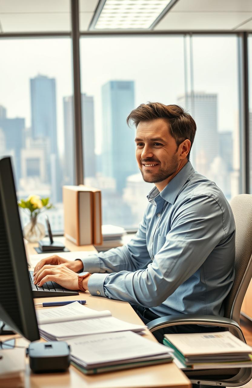 A scene depicting a regular 9-5 worker in a bustling office environment, radiating confidence and professionalism