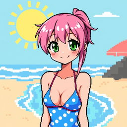 A retro pixel art depiction of an anime girl in a swimsuit, featuring bold, colorful pixels to emphasize the 32x32 size