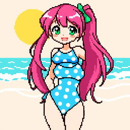 A retro pixel art depiction of an anime girl in a swimsuit, featuring bold, colorful pixels to emphasize the 32x32 size