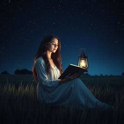A tranquil and evocative scene depicting a woman in a dark, open field at night, surrounded by softly rustling grass and a vast expanse of stars above