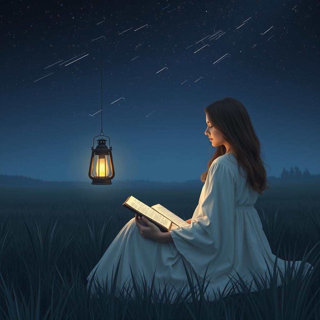 A tranquil and evocative scene depicting a woman in a dark, open field at night, surrounded by softly rustling grass and a vast expanse of stars above