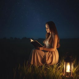 A tranquil and evocative scene depicting a woman in a dark, open field at night, surrounded by softly rustling grass and a vast expanse of stars above