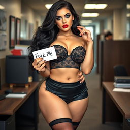 A full-length, head-to-toe photograph styled image of a sexy, beautiful, curvy 18-year-old woman with pale skin and thick black hair