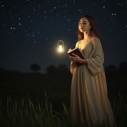 A captivating scene of a woman standing alone in a dark field at night, surrounded by the soft whispers of grass under a blanket of stars