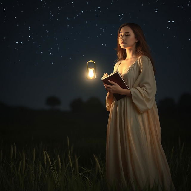 A captivating scene of a woman standing alone in a dark field at night, surrounded by the soft whispers of grass under a blanket of stars