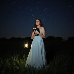 A captivating scene of a woman standing alone in a dark field at night, surrounded by the soft whispers of grass under a blanket of stars