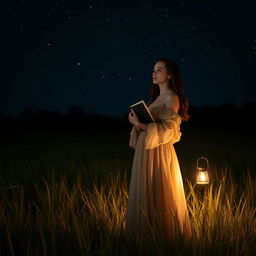 A captivating scene of a woman standing alone in a dark field at night, surrounded by the soft whispers of grass under a blanket of stars