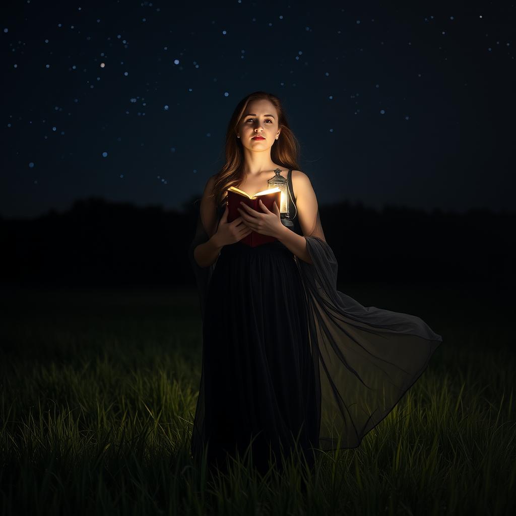 A captivating scene of a woman standing alone in a dark field at night, surrounded by the soft whispers of grass under a blanket of stars