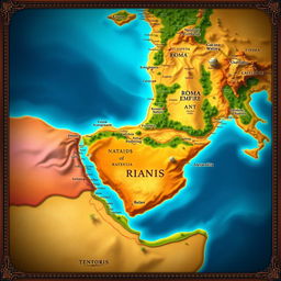 A detailed map of the Roman Empire at its height, showcasing the vast territories in vibrant colors