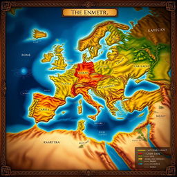 A detailed map of the Roman Empire at its height, showcasing the vast territories in vibrant colors