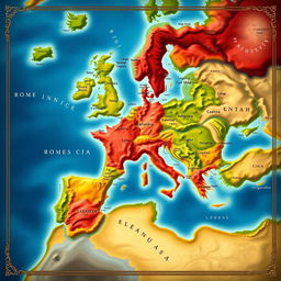 A detailed map of the Roman Empire at its height, showcasing the vast territories in vibrant colors