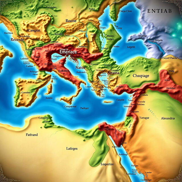 A detailed map of the Roman Empire at its height, showcasing the vast territories in vibrant colors