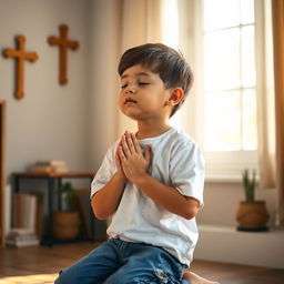 A young boy kneeling in prayer, his hands clasped together in front of his chest, eyes closed in serene concentration