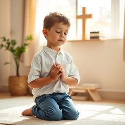 A young boy kneeling in prayer, his hands clasped together in front of his chest, eyes closed in serene concentration