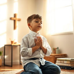 A young boy kneeling in prayer, his hands clasped together in front of his chest, eyes closed in serene concentration