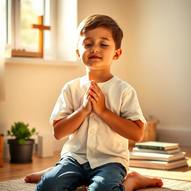 A young boy kneeling in prayer, his hands clasped together in front of his chest, eyes closed in serene concentration