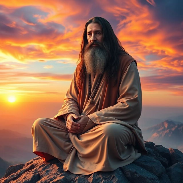 A serene and contemplative Sufi master in traditional attire, sitting cross-legged on a mountain peak at sunset