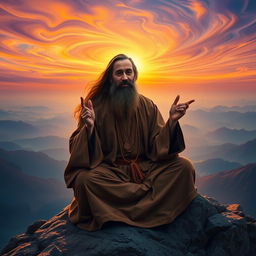 A serene and contemplative Sufi master in traditional attire, sitting cross-legged on a mountain peak at sunset