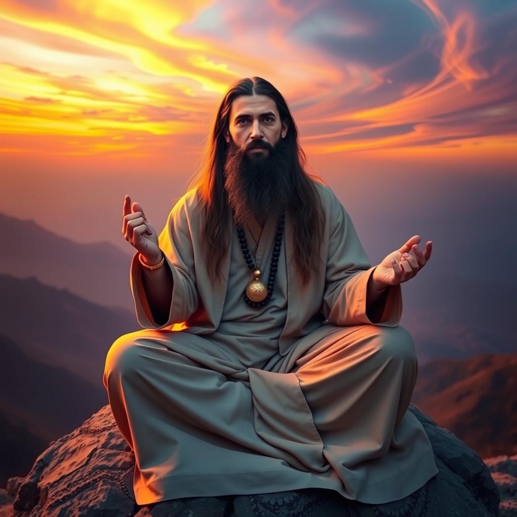 A serene and contemplative Sufi master in traditional attire, sitting cross-legged on a mountain peak at sunset