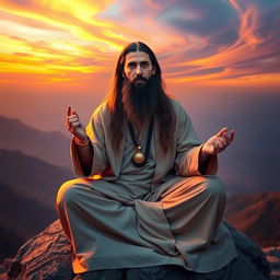 A serene and contemplative Sufi master in traditional attire, sitting cross-legged on a mountain peak at sunset