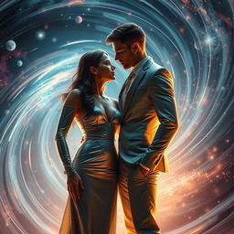 A captivating sci-fi scene depicting a temporal paradox that blends elements of romance and time travel