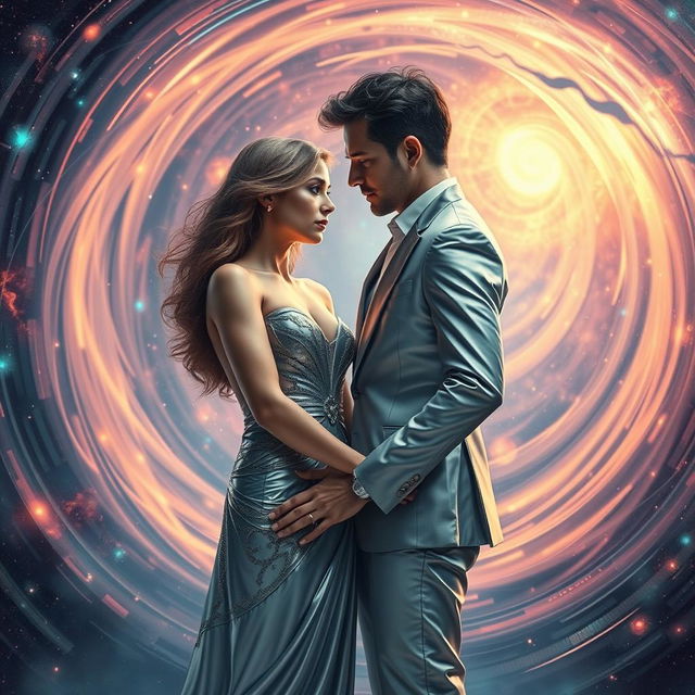 A captivating sci-fi scene depicting a temporal paradox that blends elements of romance and time travel