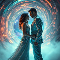 A captivating sci-fi scene depicting a temporal paradox that blends elements of romance and time travel