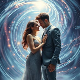 A captivating sci-fi scene depicting a temporal paradox that blends elements of romance and time travel