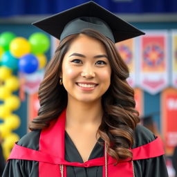 A portrait of a graduate wearing a graduation robe, with elegantly curled hair at the ends, showcasing soft and natural makeup