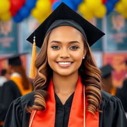 A portrait of a graduate wearing a graduation robe, with elegantly curled hair at the ends, showcasing soft and natural makeup
