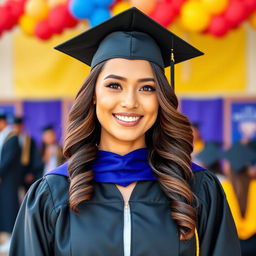 A portrait of a graduate wearing a graduation robe, with elegantly curled hair at the ends, showcasing soft and natural makeup