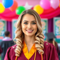 A portrait of a graduate wearing a graduation robe, with elegantly curled hair at the ends, showcasing soft and natural makeup