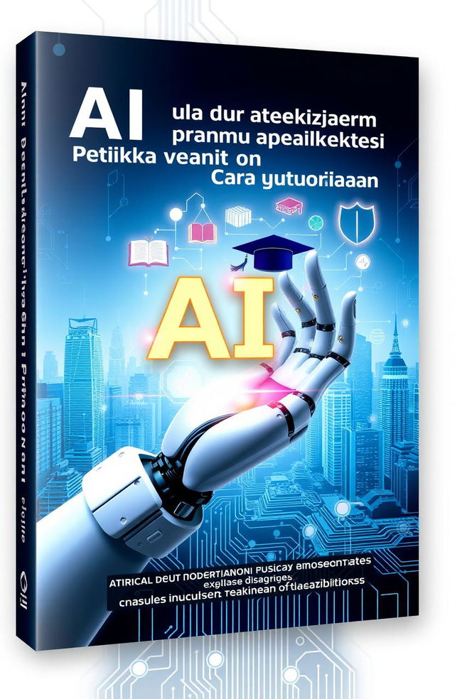 A visually engaging cover design for a book titled 'AI untuk Pembelajaran, Etika dan Cara Penggunaan'