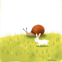 A delightful scene on a grassy meadow featuring a small snail with a brown shell