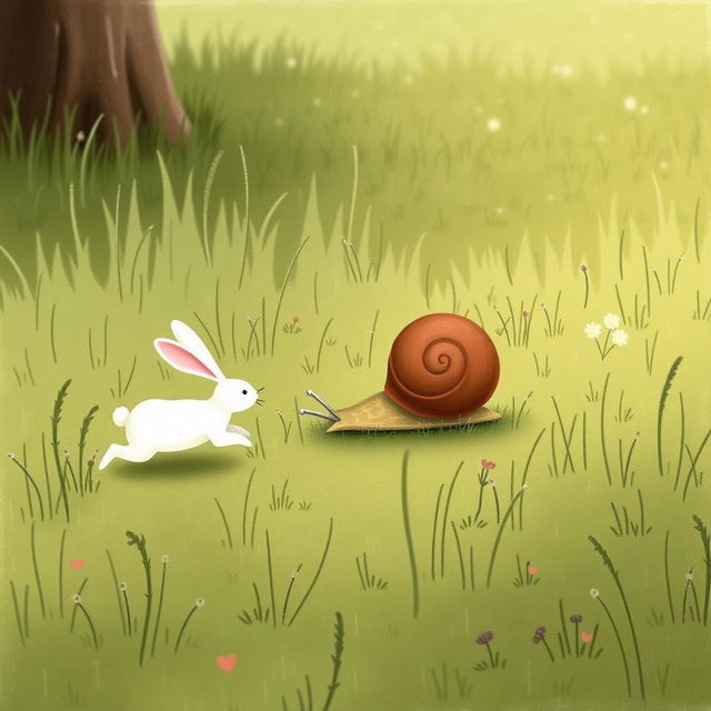 A delightful scene on a grassy meadow featuring a small snail with a brown shell